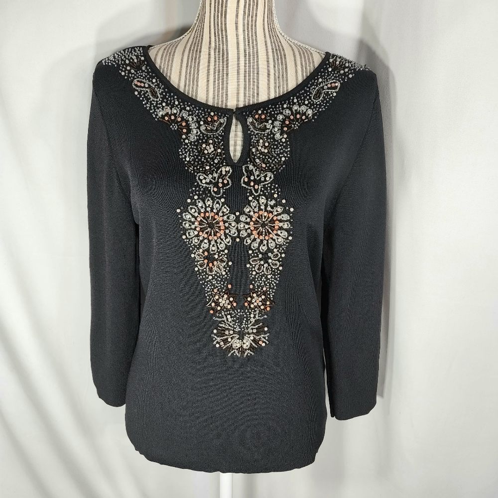 Hearts of Palm Black Beaded Front Accent Long Sleeve Top Size Medium